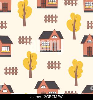 Kindliche nahtlose Muster mit Häusern, Bäumen.Kreative kindliche Textur für Stoff, Verpackung, Textil, Tapete, Kleidung. Stock Vektor