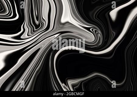 Schwarz und weiß Psychedelische Flüssigkeit Marmor Flüssigkeit abstrakte Kunst Hintergrunddesign. Trendiger Luxus im dunklen, flüssigen Marmor-Stil. Ideal für Web, Werbung, Stockfoto