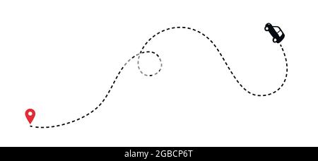 Auto Route Konzept mit Auto Pfad und Karte Zeiger. Isolierter Vektor Stock Vektor