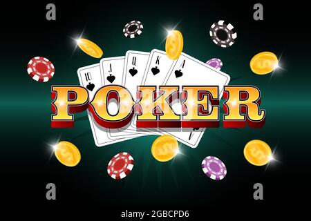 Poster zu Casino-Pokerturnieren. Gold 3D Inschrift mit Spielkarten, Chips und Geldmünzen. Royal Flush in Pik-Kombination. Texas Holdem Werbebanner. Online Glücksspiel Vektor eps Illustration Stock Vektor