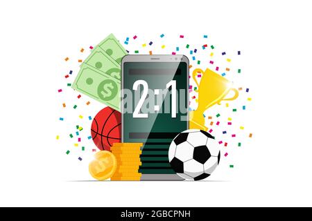 Online-Sportwetten mobile App Banner Design-Vorlage. Smartphone mit Anzeigetafel auf dem Bildschirm und Fußball-Basketballbällen und Trophäe-Pokal und Gewinner-Dollar-Münzen. Bookmaker Promo-Werbung. EPS Stock Vektor