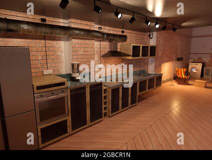 3D-Rendering eines alten industriellen Wohnhauses Stockfoto