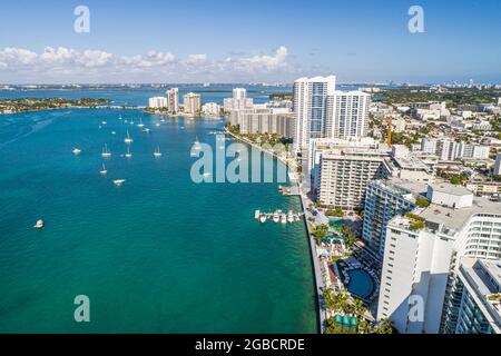 Miami Beach Florida, Biscayne Bay Water, Luftaufnahme von oben, Hochhäuser Wohnhäuser am Wasser, Mondrian South Beach Hotels Stockfoto