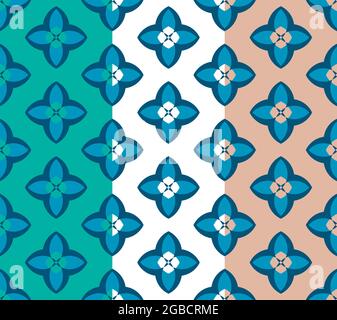 Geometrisches Blumenraster Nahtloses Muster in blauer Farbe. Vier Blütenblätter symbolische Blume. Grün, weiß, rosa leicht bearbeitbarer Hintergrund Stock Vektor