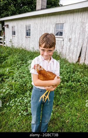 Indiana Shipshewana, Amish Farm Tour, Junge Kind hält Huhn, Stockfoto