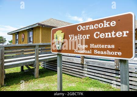 North Carolina Outer Banks, Insel Ocracoke, Cape Hatteras National Seashore Visitor Center, Schild, Stockfoto