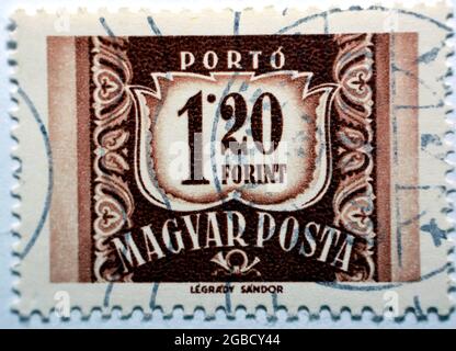 Eine Briefmarke zur Erinnerung an die kommunistische Postministerkonferenz in Ungarn, Postserie um 1965, Magyar posta Wert 1,20 Forint 1,20 Stockfoto