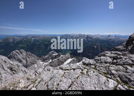 Bergpanorama und Königssee und Obersee von Watzmann Hocheck, Ramsau, Berchtesgaden, Bayern, Deutschland Stockfoto