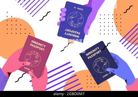 Menschliche Hände mit globalen Immunitätspässen riskieren eine Immunität gegen COVID-19-Wiederinfektion mit pcr-Zertifikat Coronavirus Stock Vektor