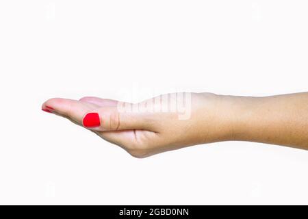 Frau leere Hand isoliert auf weißem Hintergrund.Hand geöffnet, um das empfangende oder haltende Produkt zu verwenden. Stockfoto