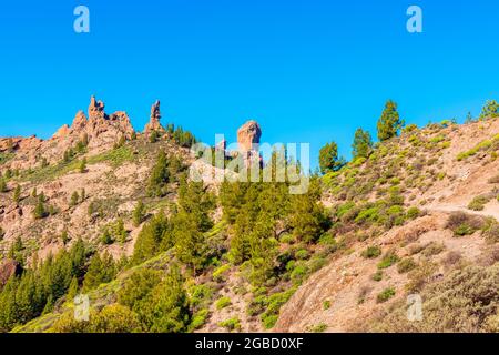 Wanderweg Richtung Roque Nublo auf Gran Canaria, Kanarische Inseln, Spanien. Roque Nublo ist ein 67 Meter hoher Monolith, der bei Touristen sehr beliebt ist Stockfoto