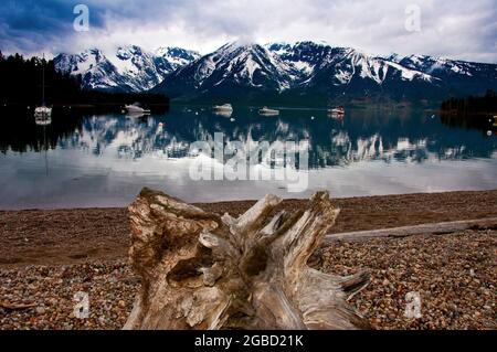 Jackson Lake, schneebedeckte Grand Tetons, die sich im Wasser spiegeln, Boote, die im Wasser an der Leeks Marina, im Grand Teton National Park, Wyoming, festgemacht sind Stockfoto