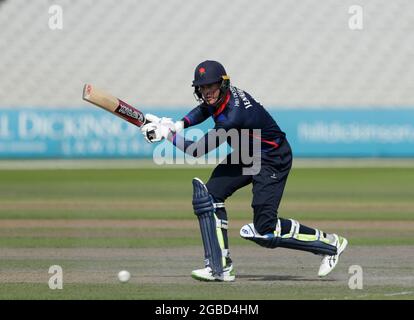 3. August 2021; Emirates Old Trafford, Manchester, Lancashire, England; Royal London Cup Cricket, Lancashire gegen Middlesex; Keaton Jennings aus Lancashire erzielte 42 Punkte, bevor er sich verletzte Stockfoto