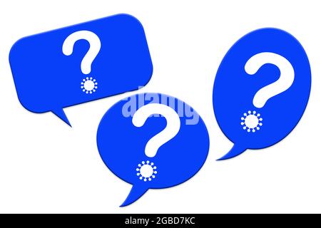 Blaue Sprechblasen mit Fragezeichen, Coronavirus, Illustration Stockfoto