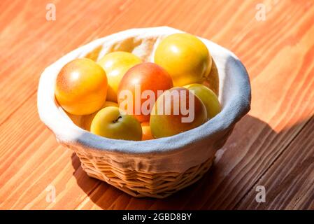 Mirabelle pflüht in einem Korb auf einem Holztisch Stockfoto
