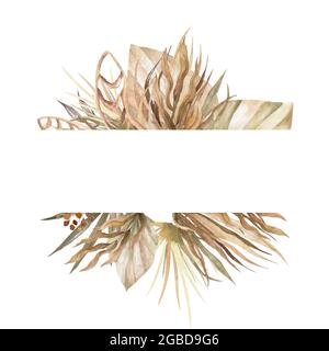 Trendige getrocknete Palmblätter, blass protea, Orchidee, Pampagras, Hortensienrose, Farn, weißes Ruscus-Hochzeitsbanner. Trendige Blume. Beige, Gold, Braun, rus Stockfoto