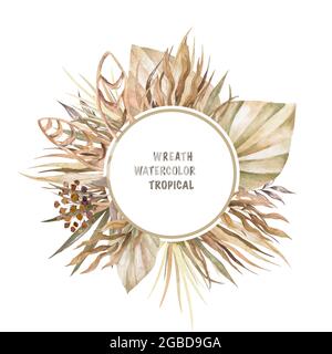 Trendige getrocknete Palmblätter, blass protea, Orchidee, Pampagras, Hortensienrose, Farn, weißes Ruscus-Hochzeitsbanner. Trendige Blume. Beige, Gold, braun, ru Stockfoto