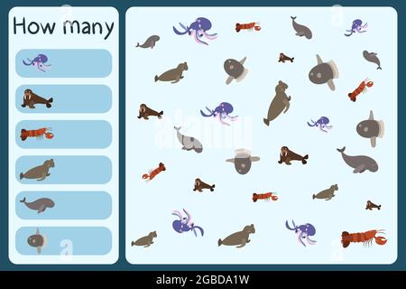 Kinder mathematische Mini-Spiel - zählen, wie viele Meerestiere - Oktopus, Walross, omar, Seeelefant, Dugon, Mondfisch. Pädagogische Spiele für Kinder. Cartoon Design Vorlage auf bunten Hintergrund. Stock Vektor