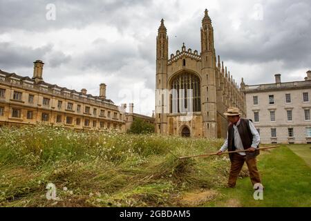 Das Bild vom 2. August zeigt Shire-Pferde beim Ernten der Wildblumenwiese am kingÕs College Cambridge am Montag. Die herrliche Wildblumenwiese am kingÕs College in Cambridge wurde heute (Mon) C traditionell mit Hilfe von zwei Shire-Pferden geerntet. Es sah aus wie eine Szene aus einem Gemälde von John Constable heute Morgen, als die beiden schweren Pferde halfen, die neue Wiese zu schneiden, die vor kurzem den berühmten gepflegten Rasen von collegeÕs ersetzte. Später in der Woche werden die Pferde das Heu auf einem traditionellen Wachmann wenden und karren, wobei die Ballen verwendet werden, um mehr Wildblumenwiesen über das zu schaffen Stockfoto