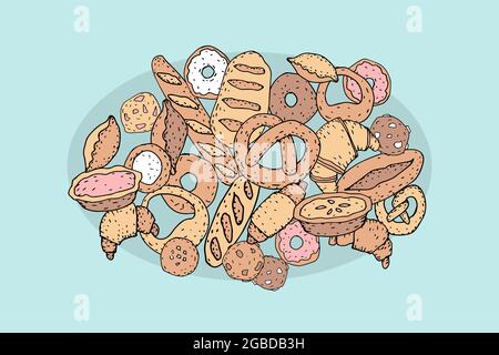 Bäckerei Brot Handzeichnung Set. Brötchen Baguette Croissant Cookies Donuts vintage Skizze Linie Vektor-Illustration. Poster zur Speisekarte des Cafés und Restaurants Stock Vektor