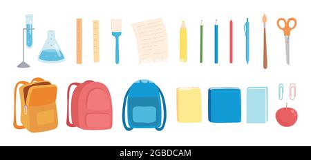 Satz von Schulbedarf Vektor-Illustration. Verschiedene Lernzubehör bestehen aus Tasche, Transporter, Lineal und rotem Apfel flach Stil Design. Glücklich Stock Vektor