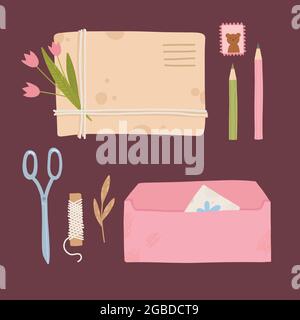 Handgemachte Umschlag Konzept Hintergrund flach, Cartoon-Vektor. Postbrief Stock Vektor