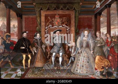 Eine Allegorie der Tudor-Nachfolge: Die Familie Heinrichs VIII., anonym, Öl auf Tafel, c 1590 Stockfoto