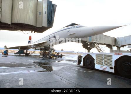 British Airways Concorde Supersonic Passenger Airplane, JFK International Airport, Queens, New York, USA, Bernard Gotfryd, Mai 1985 Stockfoto