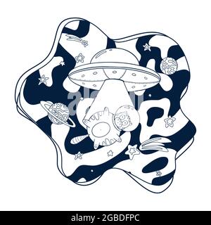 Cartoon fliegende Untertasse und Cosmic Cat Coloring Page. Line Art UFO stehlen Tier Kosmonaut Illustration für Malbuch, Logo, Druck, Kinderzimmer Dekor, Aufkleber, Karte Stock Vektor