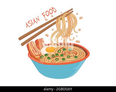 Ramen asiatische Lebensmittel Konzept Hintergrund flach, Cartoon-Vektor. Chinesische Suppenschüssel Stock Vektor