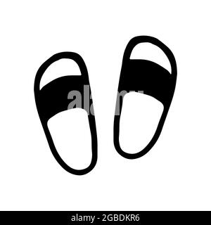 Flipflops-Vektorsymbol im Doodle-Stil. Schwarze Hausschuhe auf weißem Hintergrund isoliert. Schuhe für den Sommer. Stock Vektor