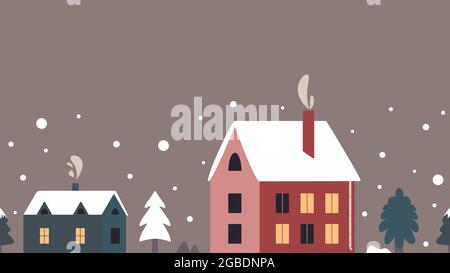 Niedliche nahtlose Winter Grenze mit Weihnachtshäusern, Pelzbäumen, Fichten und Schnee. Textur für Dekoration Grußkarten für Neujahr, Websites, Vitrinen Stock Vektor