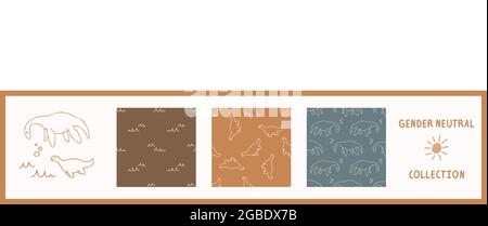 Nahtloser Hintergrund plesiosaurus Dinosaurier Satz von 3 Mustern mit Motiv. Skurrile minimal erdig 2 Ton Farbe. Kinder Kinderzimmer Tapete oder Boho Cartoon Stock Vektor
