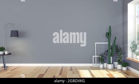 Innenraum des leeren Wohnzimmers mit dekorativen Topfpflanzen und Stehleuchte, 3d-Rendering Stockfoto