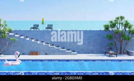 Swimmingpool und Liegestühle in moderner Luxus-Villa außen, 3d-Rendering Stockfoto