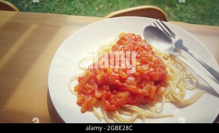 Nahaufnahme Spaghetti-Tomatensoße Stockfoto