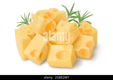 Käsewürfel isoliert auf weißem Hintergrund mit Beschneidungspfad und voller Schärfentiefe Stockfoto