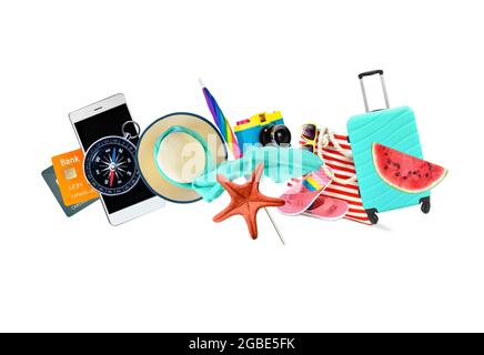 Freizeit- und Reiseaccessoires Collage isoliert auf weißem Hintergrund. Stockfoto