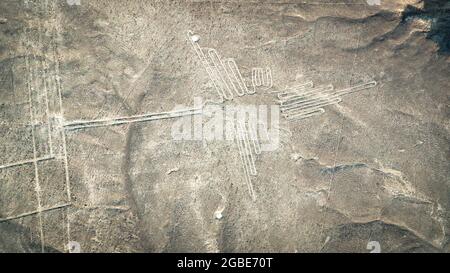 Der Kolibri Nazca uralte geheimnisvolle Geoglyphe. Nazca-Linien aus der Sicht des Flugzeugs. Nazca-Linien sind Wahrzeichen von Peru Stockfoto