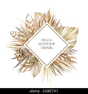 Trendige getrocknete Palmblätter, blass protea, Orchidee, Pampagras, Hortensienrose, Farn, weißes Ruscus-Hochzeitsbanner. Trendige Blume. Beige, Gold, Braun, rus Stockfoto