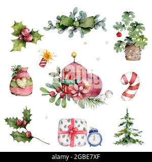 Aquarell Weihnachten Set Objects Collection. Detaillierte, von Hand gezeichnete, isolierte Illustration. Grüne Blätter, Ast Stockfoto