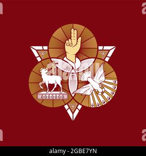 Christliche Illustration. Das großartige Siegel der Heiligen Dreifaltigkeit: Gott der Vater, Gott der Sohn und Gott der Heilige Geist. Anzeige der Symbole von Th Stock Vektor
