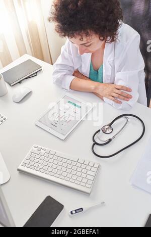High-Angle-Aufnahme einer Ärztin, die den Kalender auf ihrem Tablet-PC konsultiert Stockfoto