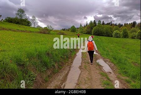 Freunde wandern durch die Wiese des grünen Feldes mit Rucksack bei Regen über den Schlamm in den polnischen Bergen, Polen Stockfoto