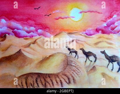 Aquarell-Illustration der sandigen Wüste Stockfoto