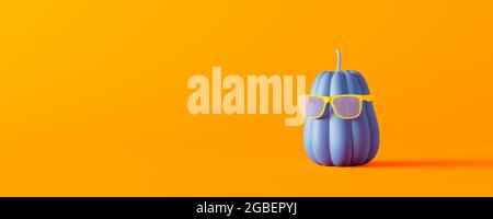 Blauer Kürbis mit Sonnenbrille. Herbst kommt Konzept mit orangenen Hintergrund 3D Render 3D Illustration Stockfoto