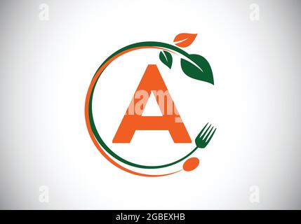 Initiale EIN Monogramm-Alphabet mit einer Gabel, einem Löffel und einem Blatt. Gesund, natürlich, Lebensmittel-Logo. Modernes Vektorlogo für Café, Restaurant, Kochgeschäft Stock Vektor