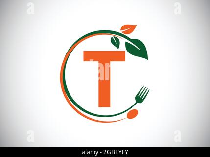 Anfängliches T-Monogramm-Alphabet mit Gabel, Löffel und Blatt. Gesund, natürlich, Lebensmittel-Logo. Modernes Vektorlogo für Café, Restaurant, Kochgeschäft Stock Vektor