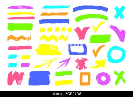 Textmarkierungslinien unterstreichen Striche, die isoliert auf weißem Hintergrund gesetzt wurden. Zum Hervorheben von Markierungen und zum Färben wichtiger Details. Pinselstrich Handgezeichnete mehrfarbige Fritzen. Vektorgrafik Stock Vektor