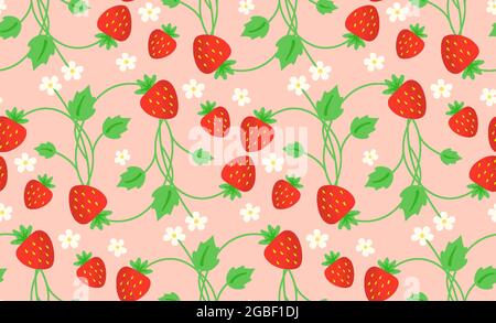Erdbeere mit Blättern und Blumen Cartoon Sommer flach Stil isoliert auf rosa Hintergrund nahtlose Muster. Blumenarrangement für Textil, Dekoration, Design, Geschenkpapier, Tapete Stock Vektor